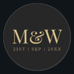 Elegant Black Gold Monogram Wedding Classic Round Sticker<br><div class="desc">Modern Elegant Black Gold Monogram Wedding Sticker. Beautiful gold on black design with modern typography and couple's initials. Gold coloured text on black. Personalise with the bride and groom's names, wedding date, you may adjust the sample text and or colours as you wish. Excellent for envelope seals and favour labels...</div>