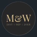 Elegant Black Gold Monogram Wedding Classic Round Sticker<br><div class="desc">Modern Elegant Black Gold Monogram Wedding Sticker. Beautiful gold on black design with modern typography and couple's initials. Gold coloured text on black. Personalise with the bride and groom's names, wedding date, you may adjust the sample text and or colours as you wish. Excellent for envelope seals and favour labels...</div>