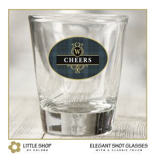 Elegant Black Gold Monogram Windowpane Plaid Shot Glass