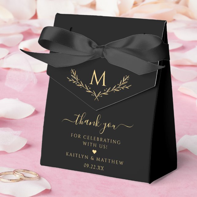 Elegant Black & Gold Monogram Wreath Wedding Favor Box (Wedding)