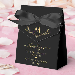Elegant Black & Gold Monogram Wreath Wedding Favor Box
