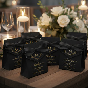 Elegant Black & Gold Monogram Wreath Wedding Favor Box
