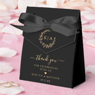 Elegant Black & Gold Monogram Wreath Wedding Favor Box