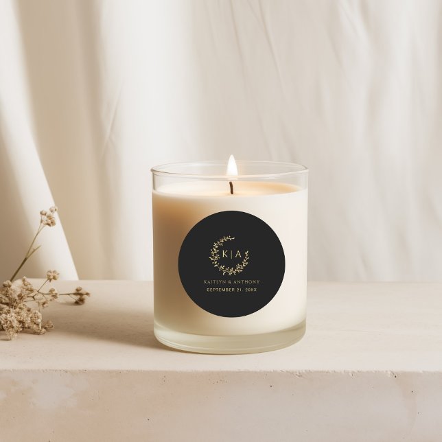 Elegant Black & Gold Monogram Wreath Wedding Favou Classic Round Sticker (Creator Uploaded)