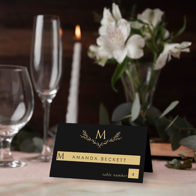 Elegant Black & Gold Monogram Wreath Wedding Place Card (Creator Uploaded)