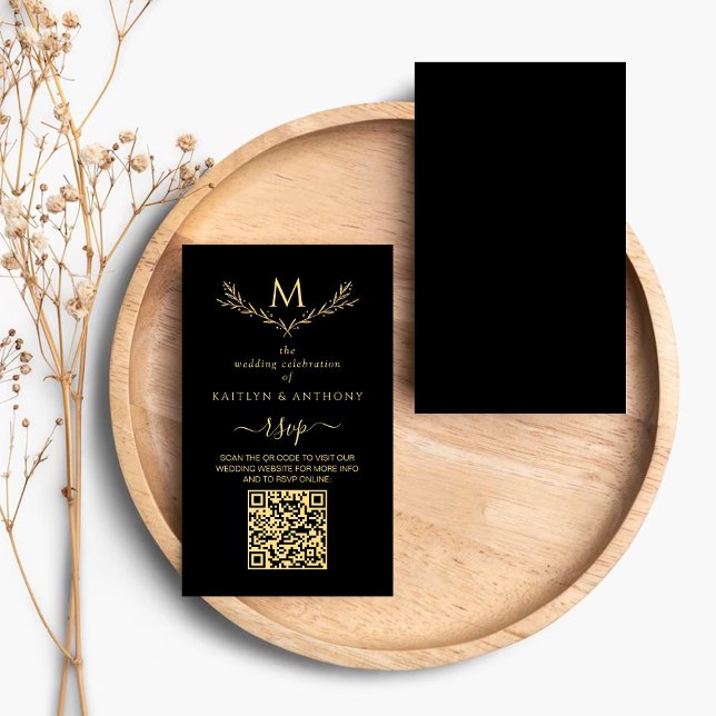 Elegant Black & Gold Monogram Wreath Wedding RSVP Enclosure Card (Creator Uploaded)