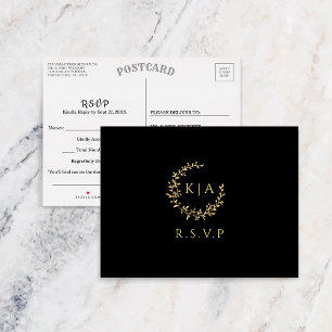 Elegant Black & Gold Monogram Wreath Wedding RSVP Invitation Postcard