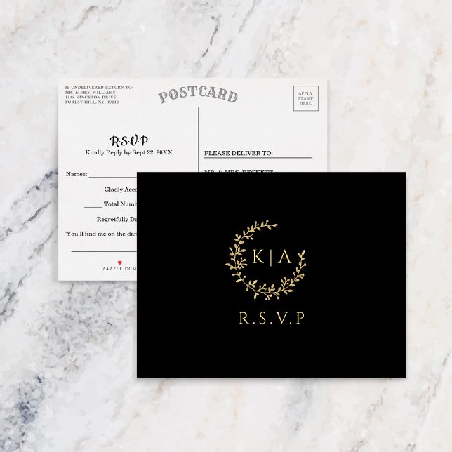 Elegant Black & Gold Monogram Wreath Wedding RSVP Invitation Postcard (Creator Uploaded)