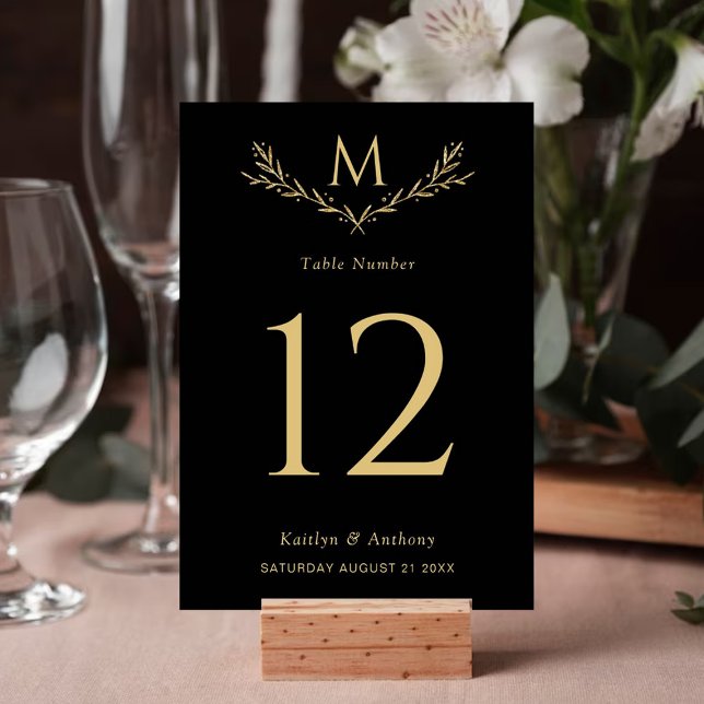 Elegant Black & Gold Monogram Wreath Wedding Table Number (Creator Uploaded)