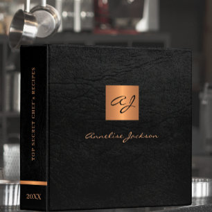 Elegant black gold monogrammed kitchen recipe binder