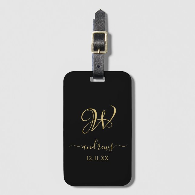 Elegant Black gold monogrammed Luggage Tag (Front Vertical)