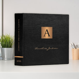 Elegant black gold monogrammed modern script name binder