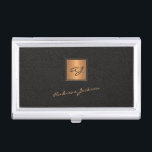 Elegant black gold monogrammed script name business card holder<br><div class="desc">Trendy luxury exclusive looking monogrammed gold business card case featuring a faux gold square over a stylish classy black leather look (printed) background.             Personalize it with your white script signature name and monogram name initials.</div>