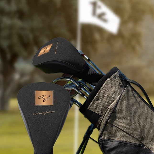 Elegant black gold monogrammed script name golf head cover (Creator Uploaded)