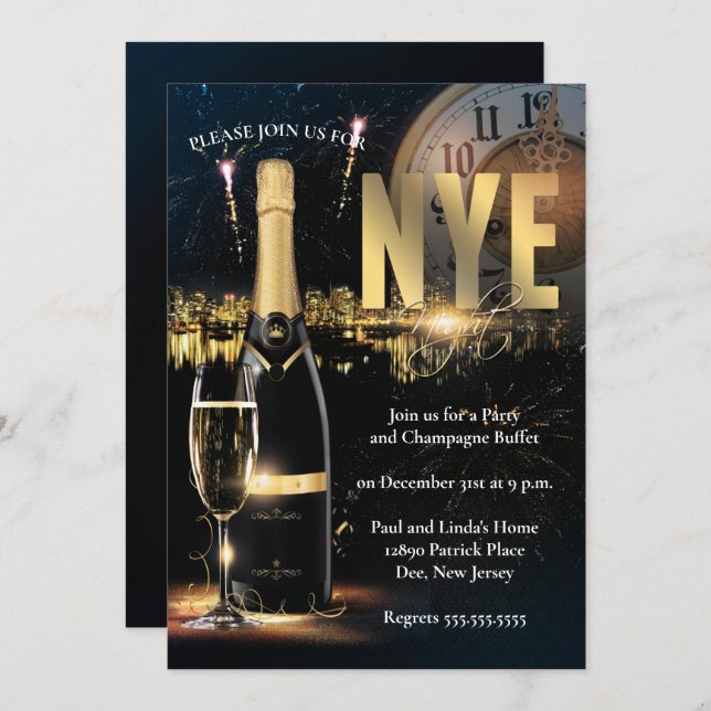 Elegant Black & Gold New Years Eve Party Invitation (Front/Back)