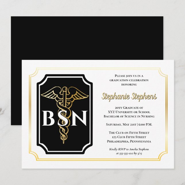 Elegant Black | Gold Nurse BSN Graduation Party Invitation (Front/Back)
