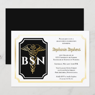 Elegant Black   Gold Nurse BSN Graduation Party Invitation