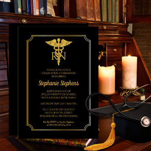 Elegant Black Gold Nurse RN Graduation Party Invitation
