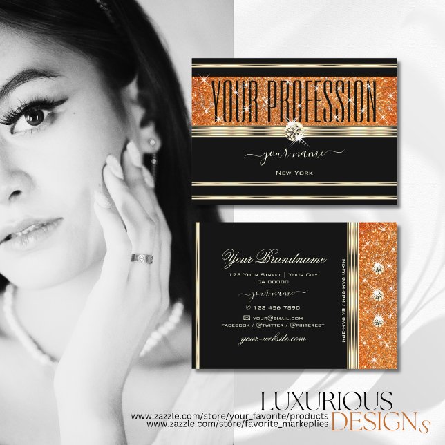 Elegant Black Gold Orange Sparkle Glitter Diamonds Business Card (Creator Uploaded)