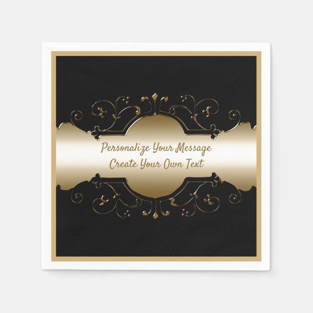 Elegant Black & Gold Ornamental Design Personalize Napkin (Front)