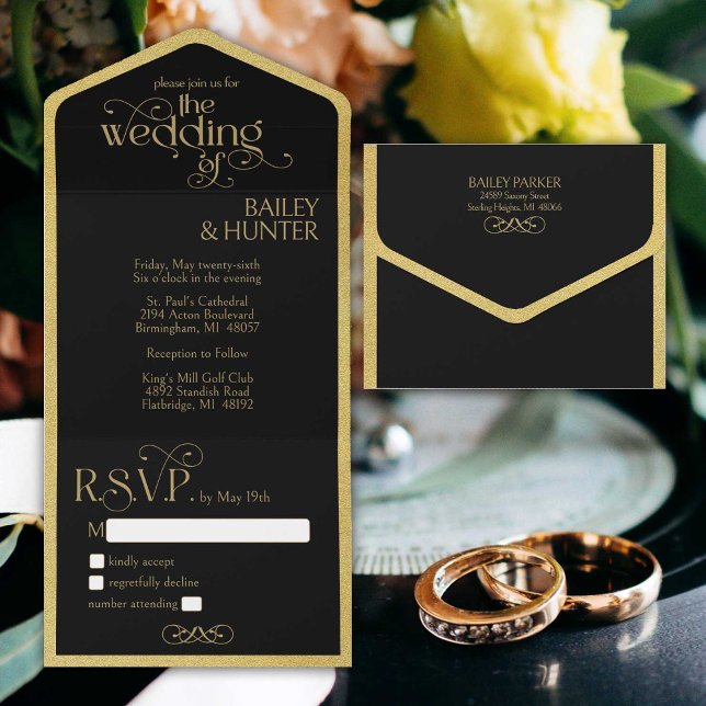 Elegant Black Gold Ornate Typography Wedding All In One Invitation (Elegant black and gold all-in-one tri-fold wedding invitation accented with fancy typography.)