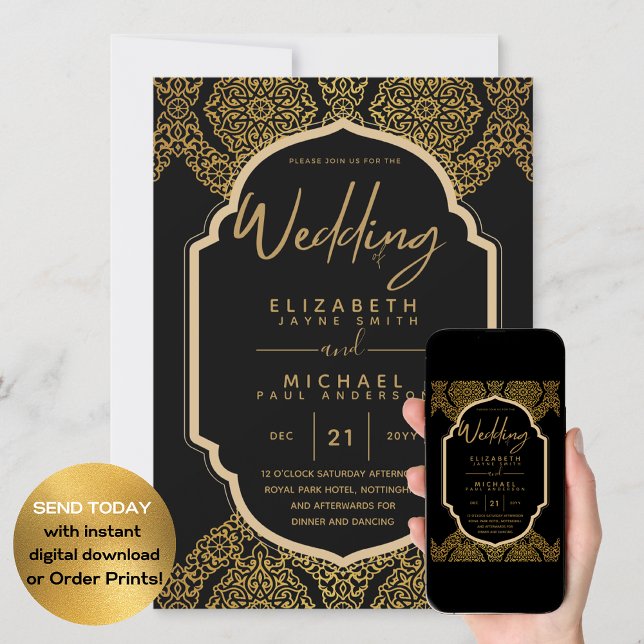 Elegant Black Gold Ornate Wedding Invitation (Creator Uploaded)