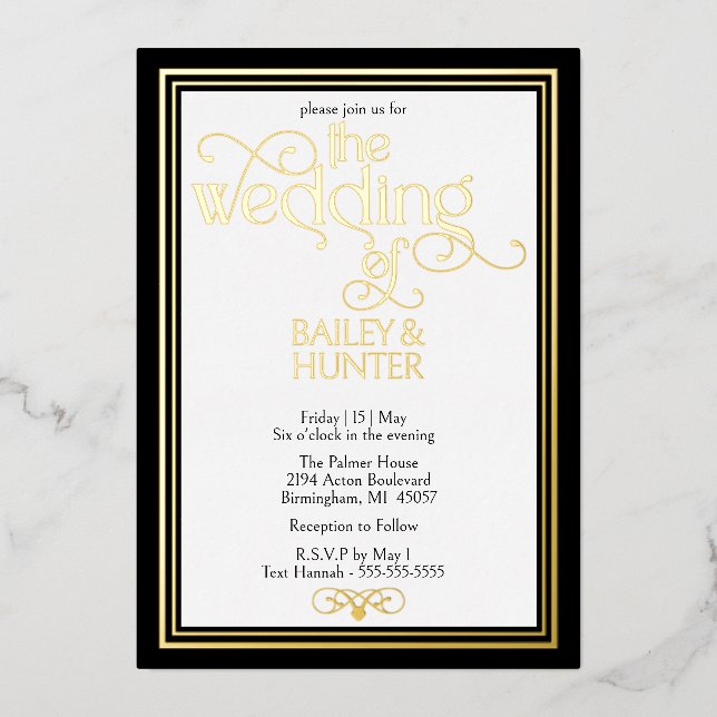 Elegant Black Gold OrnateTypography Wedding (Front)