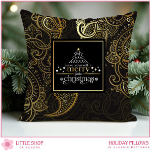 Elegant Black Gold Paisley Christmas Throw Pillow