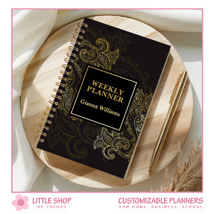 Elegant Black Gold Paisley Customizable Planner