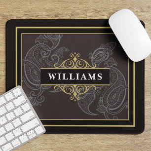 Elegant Black Gold Paisley Monogrammed Mouse Pad