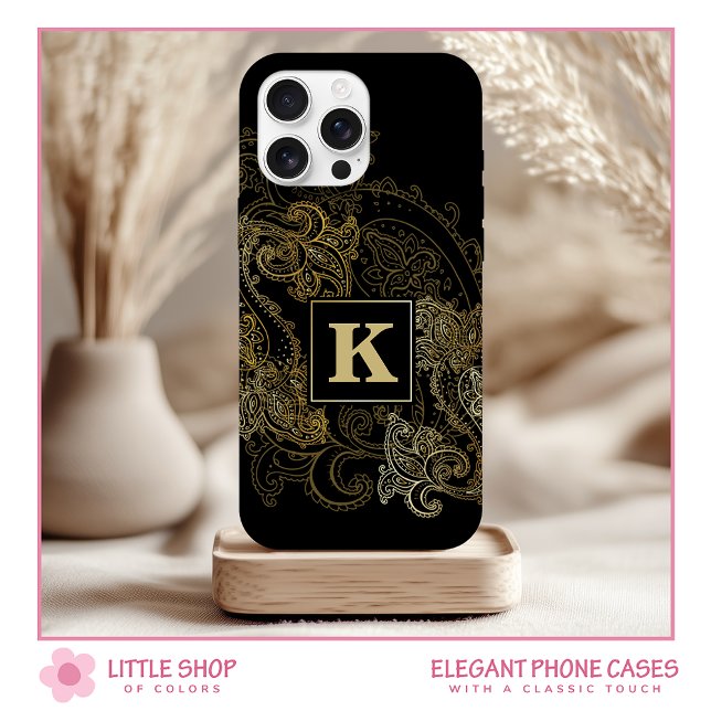 Elegant Black Gold Paisley Pattern Monogram Case-Mate iPhone Case (Creator Uploaded)