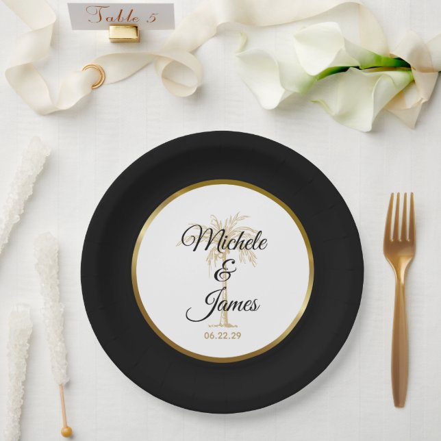 Elegant Black Gold Palm Tree Modern Wedding Paper Plate (Wedding)