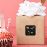 Elegant Black Gold Party Favours Wedding Thank You Square Sticker<br><div class="desc">Custom,  personalized,  elegant typography,  black and golden yellow,  script thank you square sticker. An elegant thank you sticker for sealing your party favours for wedding,  anniversary celebrations,  receptions,  ceremonies,  birthday,  bridal shower,  baby shower,  holidays,  or any other special occasion.</div>