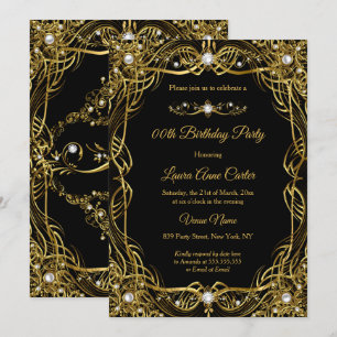 Elegant Black Gold Pearl Damask Birthday Invitation