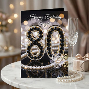 Elegant Black Gold Pearl Diamond 80th Birthday Card