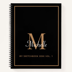Elegant Black Gold Personal Monogram Sketchbook Notebook