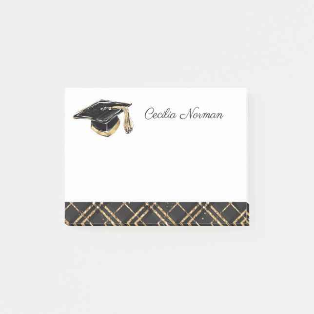 Elegant Black & Gold Personalized Graduation Cap Post-it Notes (Front)