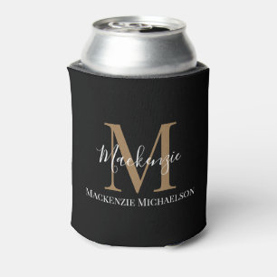 Elegant Black Gold Personalized Monogram Name  Can Cooler
