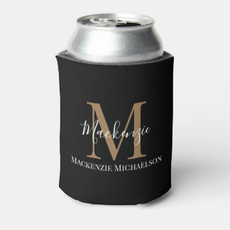 Elegant Black Gold Personalized Monogram Name Can Cooler