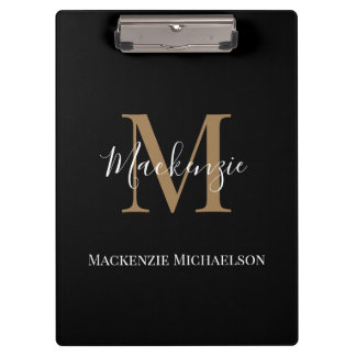 Elegant Black Gold Personalized Monogram Name Clipboard