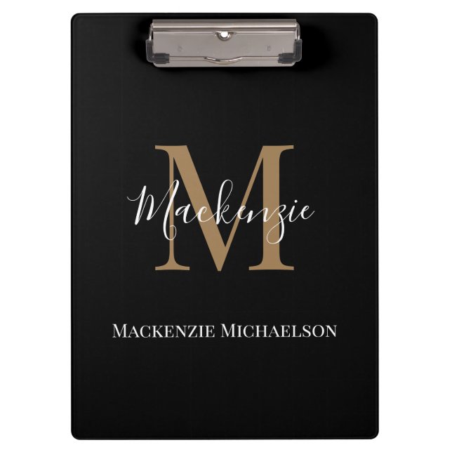 Elegant Black Gold Personalized Monogram Name   Clipboard (Front)