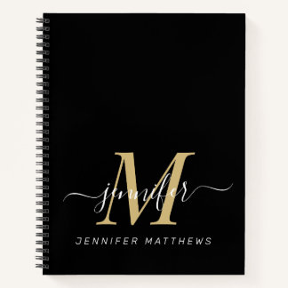 Elegant Black Gold Personalized Monogram Name Notebook