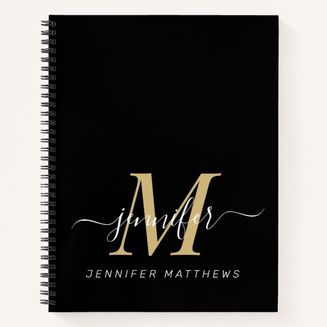 Elegant Black Gold Personalized Monogram Name Notebook (Front)