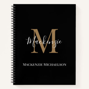 Elegant Black Gold Personalized Monogram Name  Notebook