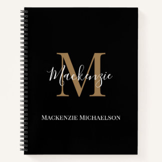 Elegant Black Gold Personalized Monogram Name Notebook