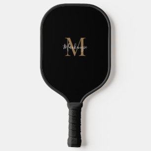 Elegant Black Gold Personalized Monogram Name  Pickleball Paddle