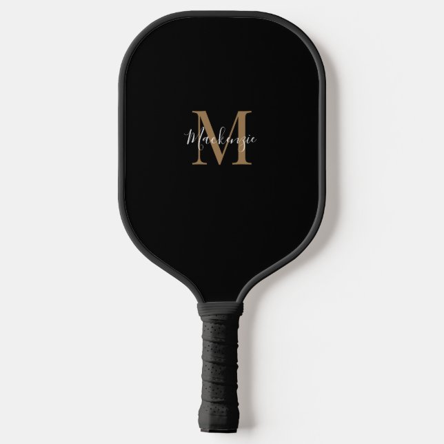 Elegant Black Gold Personalized Monogram Name  Pickleball Paddle (Back)