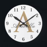 Elegant Black Gold  Personalized Monogram  Name  Round Clock<br><div class="desc">Personalized clock are perfect for yourself,  or as a gift! These are also the perfect bride's gift or proposal gift.</div>