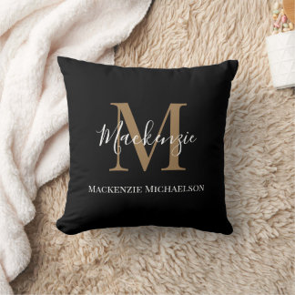 Elegant Black Gold Personalized Monogram Name Throw Pillow