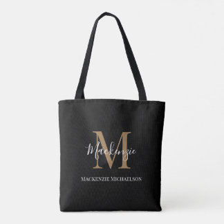 Elegant Black Gold Personalized Monogram Name Tote Bag